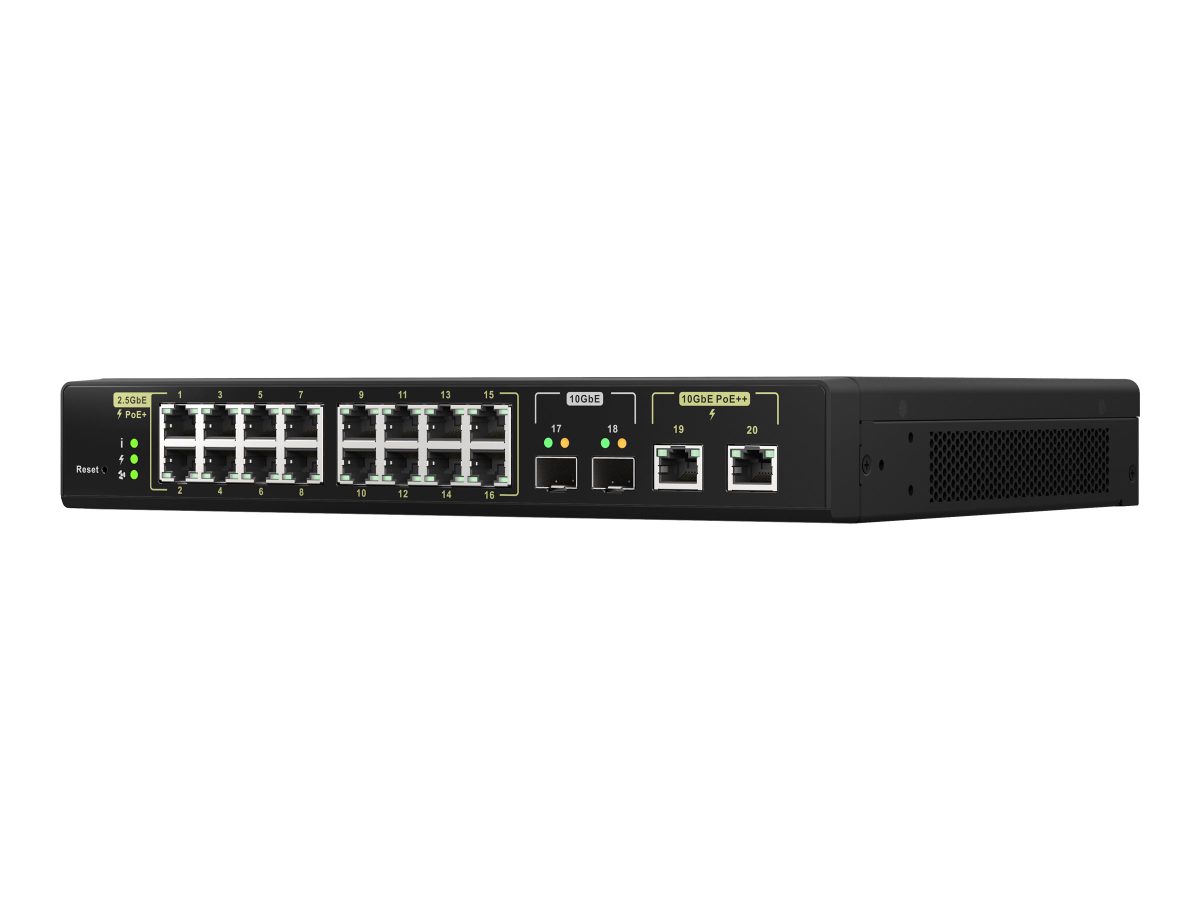 16 ports 2.5GbE RJ45 with PoE 802.3at (30W), 2 ports 10GbE SFP+, 2 ports 10GbE RJ45 with PoE 802.3bt (90W), QSW-M2116P-2T2S, Web managed, Rackmountable, Power supply type Internal