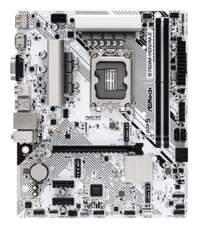 Mainboard, ASROCK, Intel B760 Express, LGA1700, Micro-ATX, Memory DDR5, Memory slots 2, 2xPCI-Express 3.0 1x, 1xPCI-Express 4.0 16x, 1xM.2, 1x15pin D-sub, 1xHDMI, 1xDisplayPort, 1xAV-In, 1xAV-out, 1xMicrophone, 2xUSB 2.0, 3xUSB 3.2, 1xUSB-C, 1xRJ45, B760M-HDV/M.2