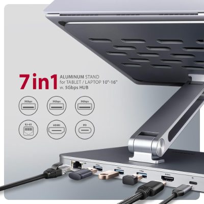 AXAGON Desk Mount, HMC-STND USB-C 5Gbps Stand and Hub 7in1, Adjustable Height, Tilt, 10-16 ", Aluminum