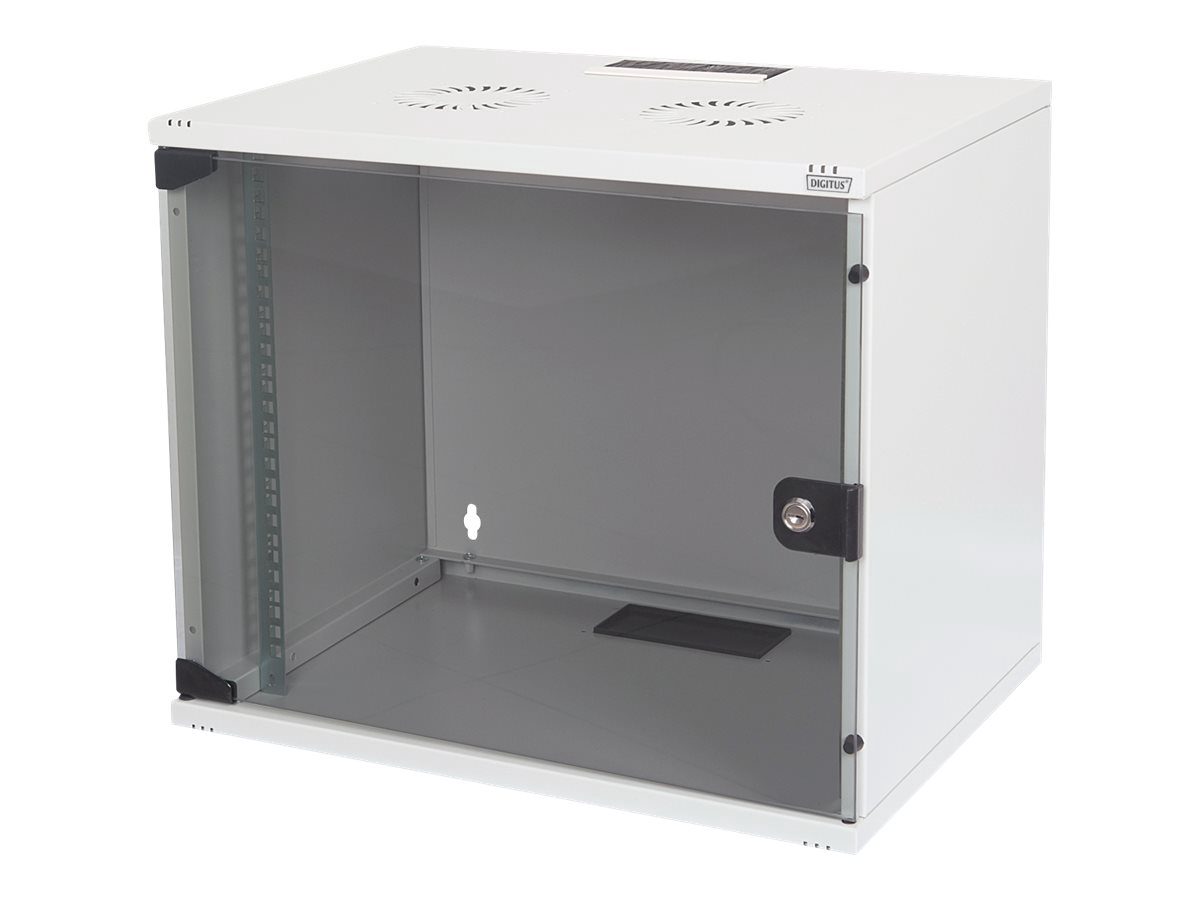 7U wall mounting cabinet, DN-19 07U-S-1, Safety class rating IP20. Lockable safety-glass door. 200° door opening angle. Front door: Glass door, single opening. Unmounted 370x540x400 mm, Grey