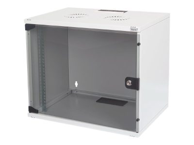 7U wall mounting cabinet, DN-19 07U-S-1, Safety class rating IP20. Lockable safety-glass door. 200° door opening angle. Front door: Glass door, single opening. Unmounted 370x540x400 mm, Grey
