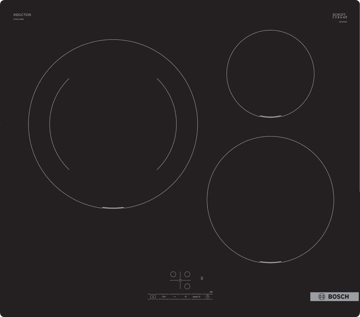 PUJ611BB5E, Induction, Number of burners/cooking zones 3, Touch, Timer, Black