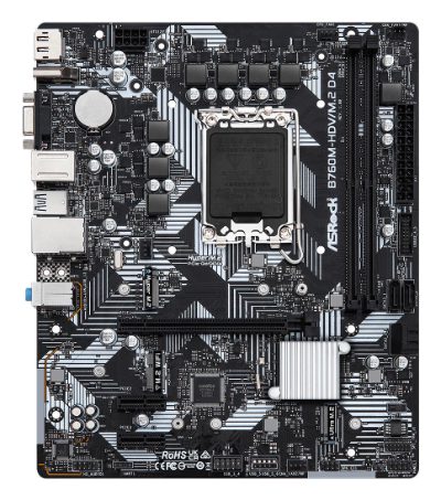 Mainboard, ASROCK, Intel B760 Express, LGA1700, Micro-ATX, Memory DDR4, Memory slots 2, 2xPCI-Express 3.0 1x, 1xPCI-Express 4.0 16x, 2xM.2, 1x15pin D-sub, 1xHDMI, 1xDisplayPort, 2xUSB 2.0, 3xUSB 3.2, 1xUSB-C, 1xPS/2, 1xRJ45, 3xAudio port, B760M-HDV/M.2D4
