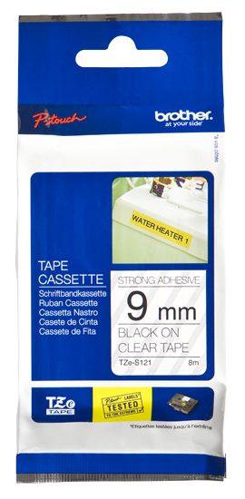 TZe-S121 Strong Adhesive Laminated Tape, Black on Clear, TZe, 8 m, 9 cm