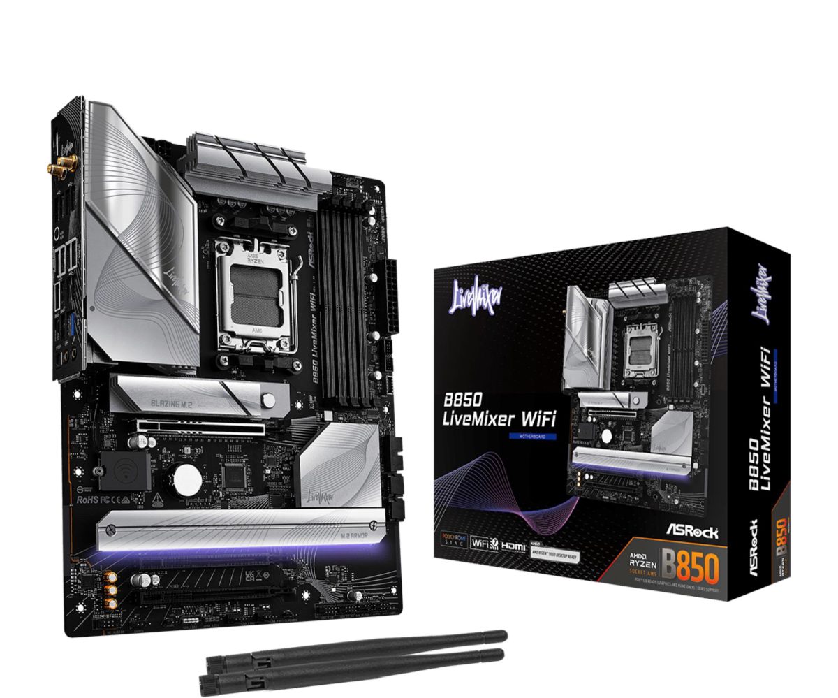 Mainboard, ASROCK, AMD B850, SAM5, ATX, Memory DDR5, Memory slots 4, 2xPCI-Express 4.0 16x, 1xPCI-Express 5.0 16x, 1xM.2, 1xHDMI, 1xDisplayPort, 1xAudio-In, 1xAudio-Out, 2xUSB 2.0, 1xUSB-C, 1xOptical S/PDIF, 1xRJ45, B850LIVEMIXERWIFI
