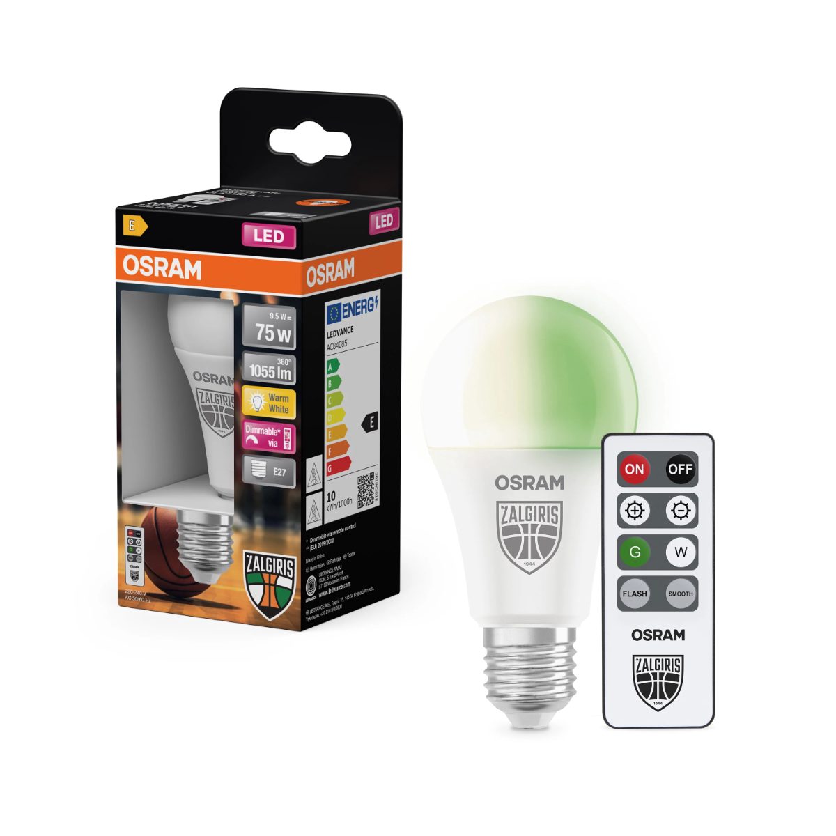Osram Žalgiris Edition E27 1055lm LED Lamp with Remote, E27, 9.5 W, 2700K warm white, green