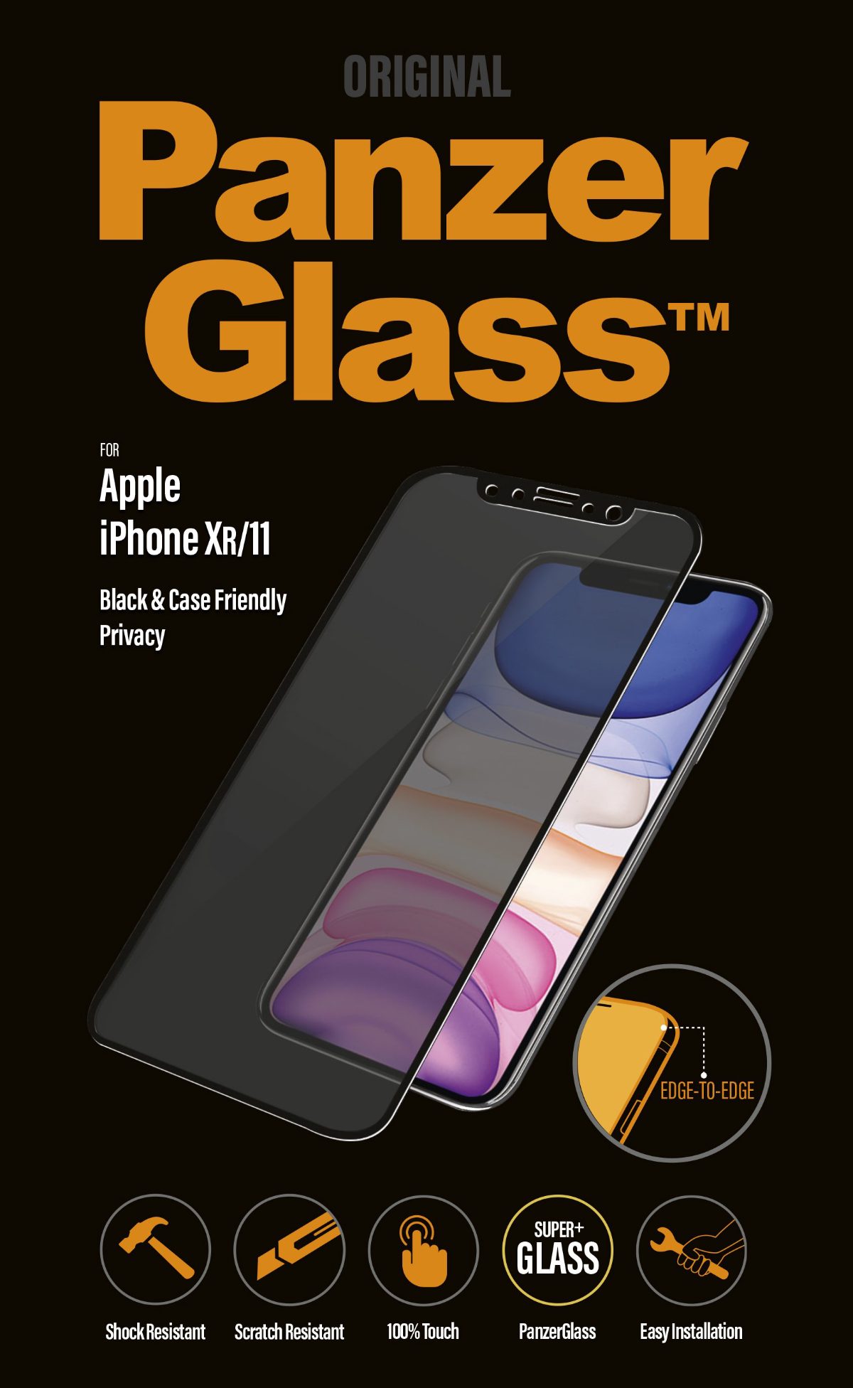P2665, Screen protector, Apple, iPhone Xr/11, Tempered glass, Black, Confidentiality filter; Full frame coverage; Anti-shatter film (holds the glass together and protects against glass shards in case of breakage); Case Friendly – compatible with all Cases; Anti-glare coating (reduces light reflection); Blue light reduction; Easy Installation with full adhesive; Oleophobic layer (anti-bacterial + anti-fingerprint); 100% touch preservation; Maintains all phone functionalities