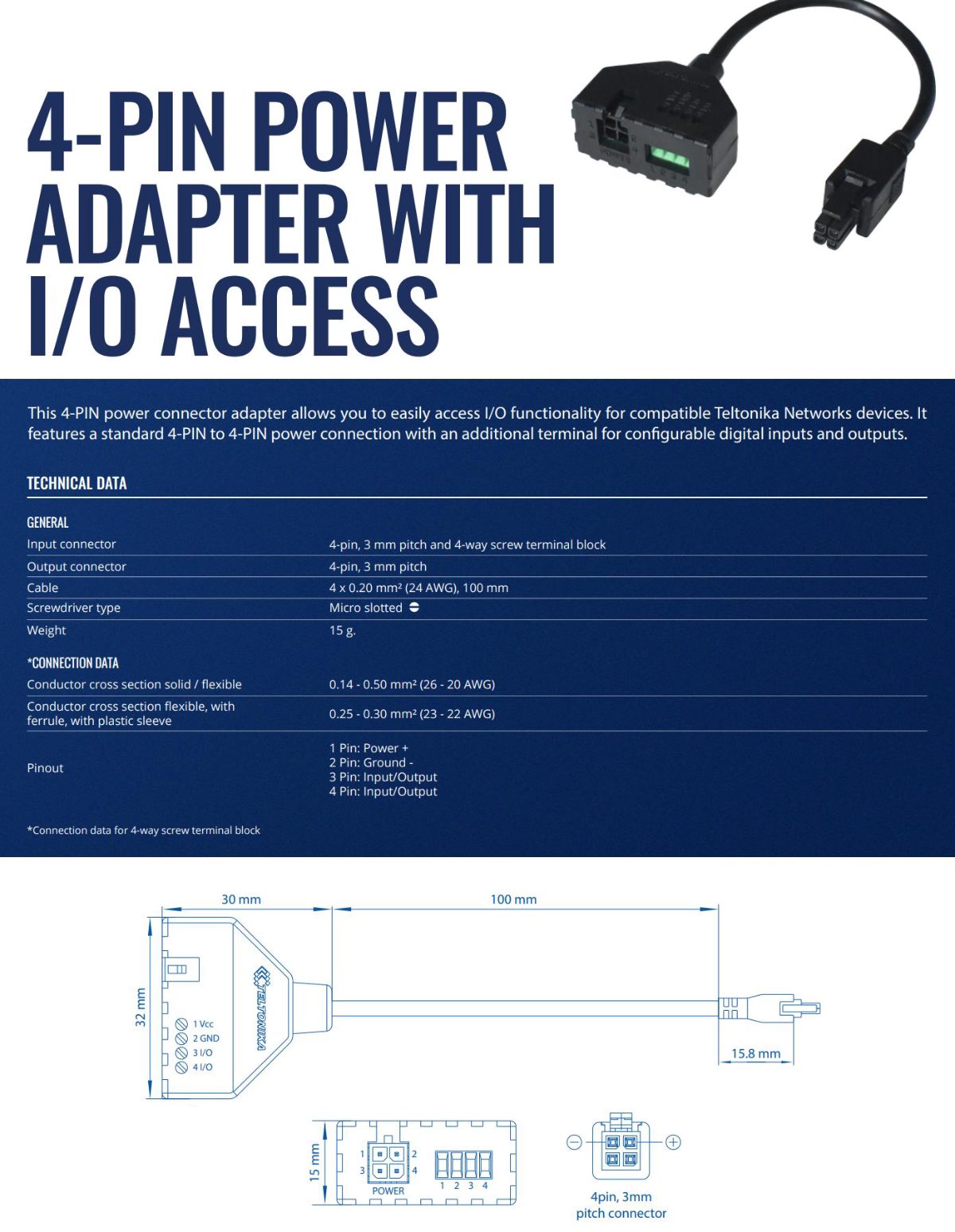 Teltonika 4-PIN Power Adapter with I/O Access