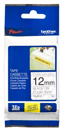 TZe-S131 Strong Adhesive Laminated Tape, Black on Clear, TZe, 8 m, 1.2 cm