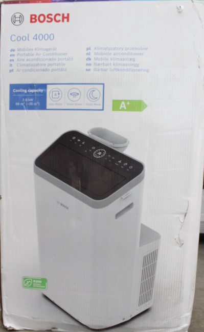 Bosch Mobile Air Conditioner, Cool 4000, Suitable for rooms up to 85 m³, White/Black, DAMAGED PACKAGING, DIRTY, SCRATCHED BOTTOM, 22 month(s)