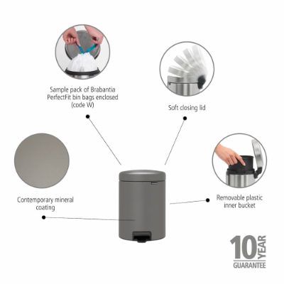 BRABANTIA atkritumu tvertne ar pedāli NewIcon, 5L, Mineral Concrete Grey