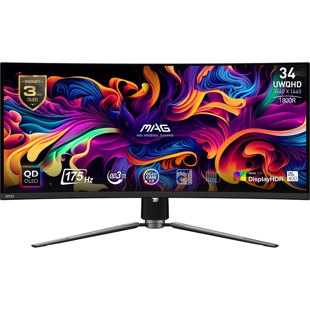 LCD Monitor, MSI, 34", Curved/21 : 9, Panel QD-OLED, 3440x1440, 21:9, 175Hz, Matte, 0.03 ms, Swivel, Height adjustable, Tilt, Colour Black, MAG341CQPQD-OLED