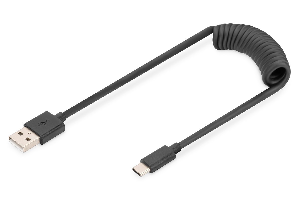 USB 2.0 Type A to USB C Spiral Cable, AK-300430-006-S, USB-A to USB-C USB 2.0 Type A, plug, USB C, plug