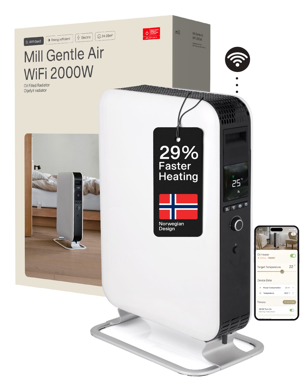 Heater, OIL2000WIFI3 GEN3, Oil Filled Radiator, 2000 W, Number of power levels 3, Suitable for rooms up to 24 m², White/Black