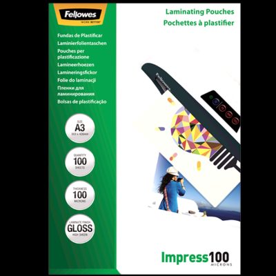 Laminating Pouch, A3, Glossy, Thickness: 100 micron, Qty Per Pack: 100 pcs; Ideal for notices, craft materials, signage and frequently handled documents; Compatible with all laminator brands
