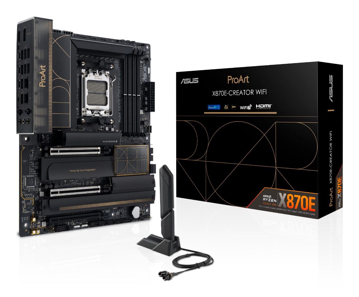 Mainboard, ASUS, AMD X870E, SAM5, ATX, Memory DDR5, Memory slots 4, 3xPCI-Express 4.0 16x, 2xPCI-Express 5.0 16x, 4xM.2, 1xHDMI, 1xDisplayPort, 1xUSB 2.0, 7xUSB 3.2, 3xUSB-C, 1xRJ45, 3xAudio port, PROARTX870E-CREATORWIFI