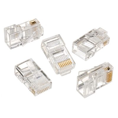 Modular plug 8P8C for solid LAN cable CAT5, UTP, 10 pcs. per bag, Modular 8P8C RJ45 plug, 30u” gold plated, 3-fork internal contacts for use with solid LAN cables