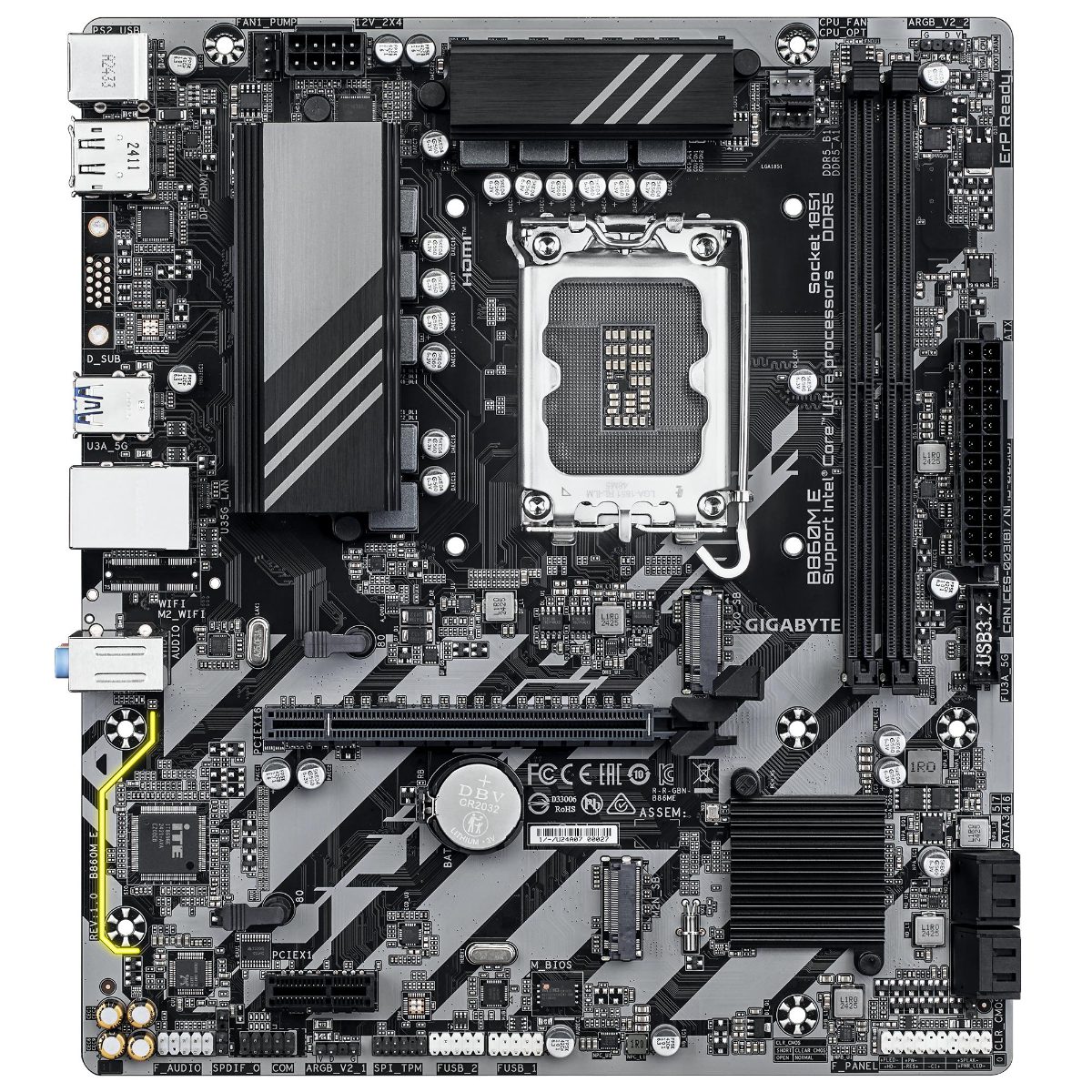 Gigabyte B860M E, Processor family Intel, Processor socket LGA1851, DDR5, Supported hard disk drive interfaces SATA, M.2, Number of SATA connectors 4