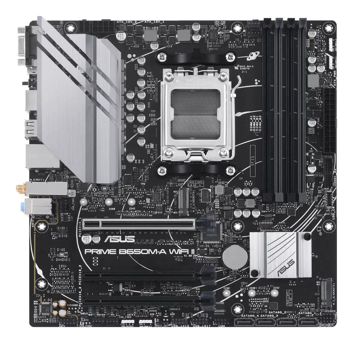 PRIME B650M-A WIFI II, Processor family AMD, Processor socket AM5, DDR5 DIMM, Memory slots 4, Supported hard disk drive interfaces 	SATA, M.2, Number of SATA connectors 4, Chipset  AMD B650, mATX
