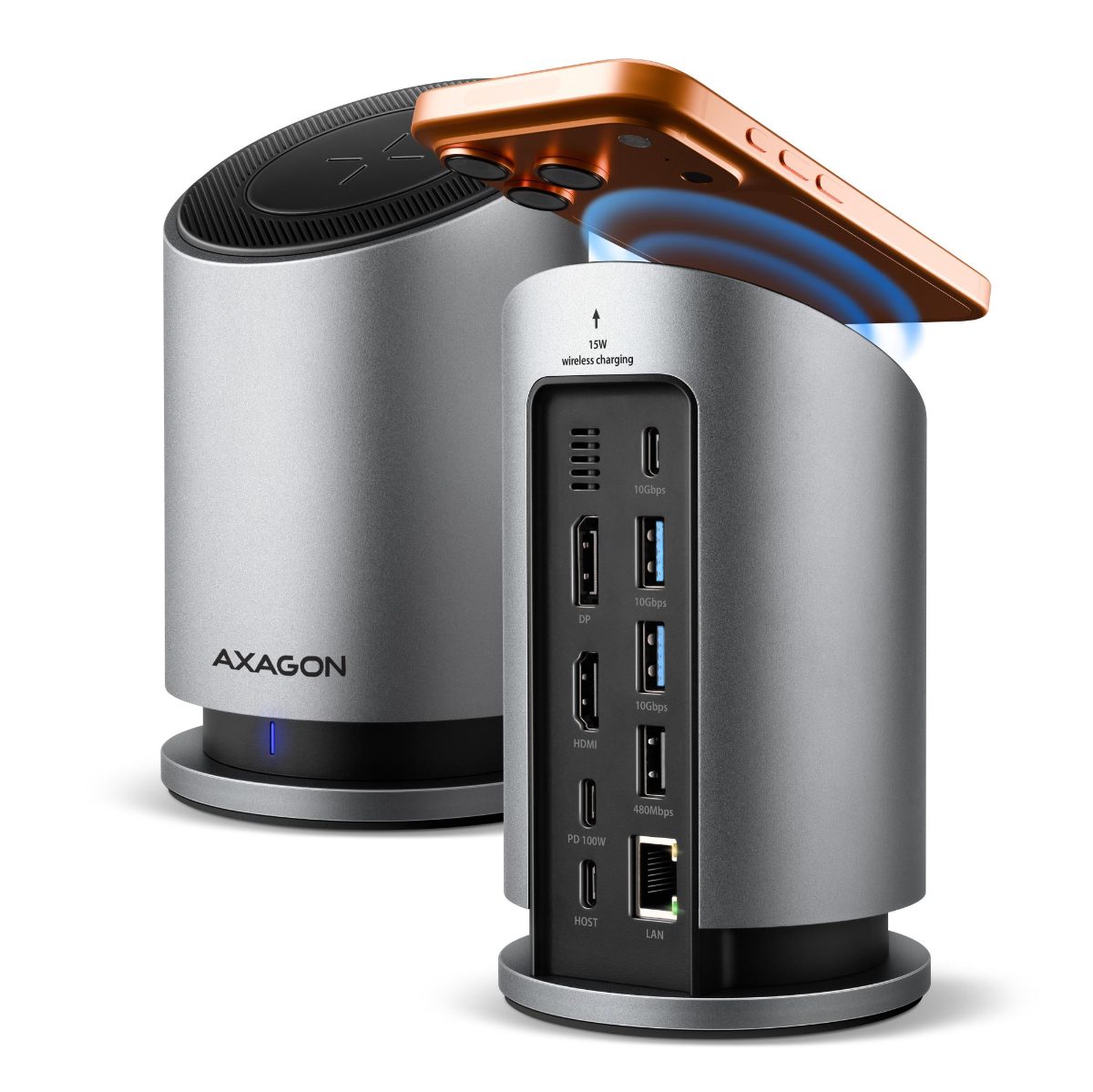 AXAGON USB-C 10Gbps Wireless Charging 9in1 hub, HMC-WL9