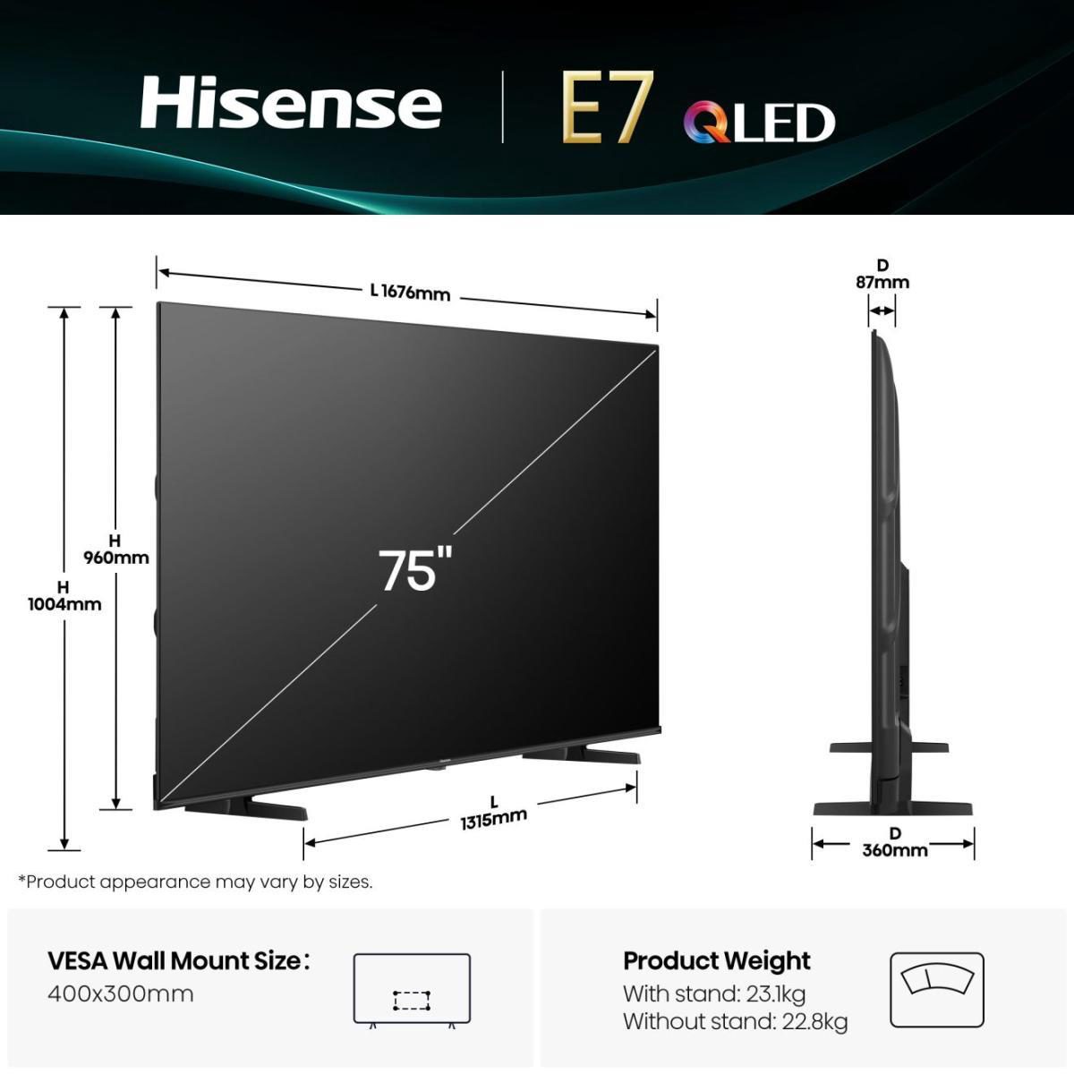 Hisense QLED TV, 75E7Q, 75, Smart TV, VIDAA, 4K UHD, Black