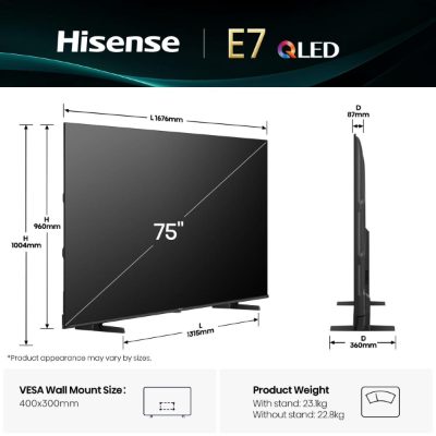 Hisense QLED TV, 75E7Q, 75, Smart TV, VIDAA, 4K UHD, Black