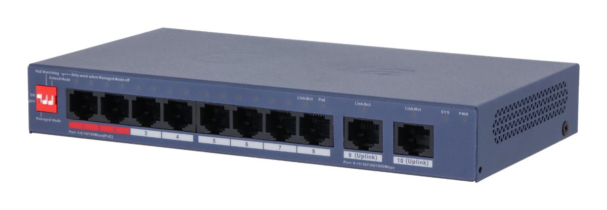 Switch, DAHUA, DH-CS4010-8ET2GT-110, Switch layer L2, 8xRJ-45 ports, RJ-45 Ports Type Fast Ethernet (10/100), 2xGigabit Ethernet (copper) ports quantity, 8xPower over Ethernet (PoE) ports quantity, Total Power over Ethernet (PoE) budget 110 W, CS4010-8ET2GT-110