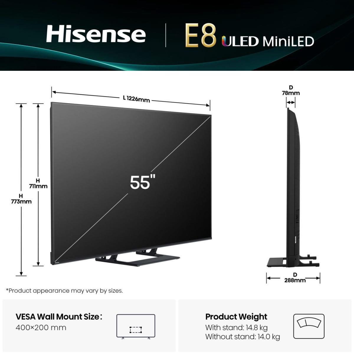 TV Set, HISENSE, 55 ", 4K Ultra HD, 3840 x 2160 pixels, Flat, 16:9, LED, 55E8Q