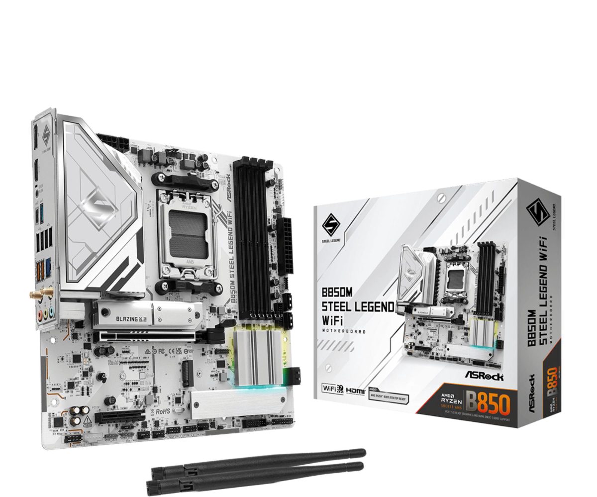 Mainboard, ASROCK, AMD B850, SAM5, Micro-ATX, Memory DDR5, Memory slots 4, 4xPCI-Express 4.0 4x, 1xPCI-Express 5.0 16x, 1xM.2, 1xHDMI, 1xDisplayPort, 1xAudio-In, 1xAudio-Out, 1xMicrophone, 4xUSB 2.0, 3xUSB 3.2, 1xUSB-C, 1xRJ45, B850MSTEELLEGENDWIFI