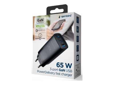 Cablexpert 3-port 65 W GaN USB PowerDelivery fast charger, TA-UC-PDQC65-01-BK