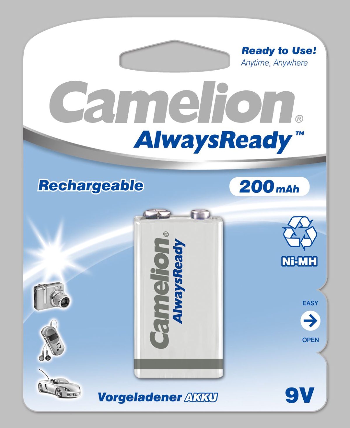9V/6HR61, 200 mAh, AlwaysReady Rechargeable Batteries Ni-MH, 1 pc(s)