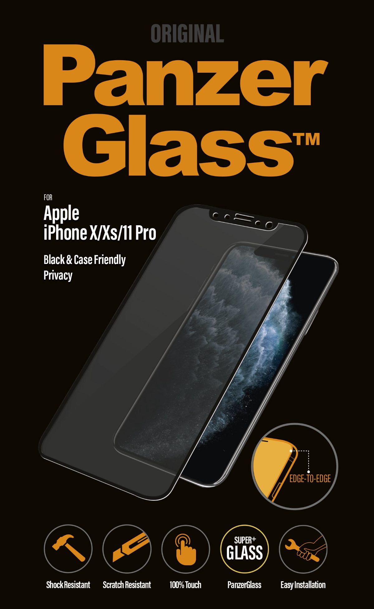 P2666, Screen protector, Apple, iPhone X/Xs/11 Pro, Tempered glass, Black, Confidentiality filter; Full frame coverage; Anti-shatter film (holds the glass together and protects against glass shards in case of breakage); Case Friendly – compatible with all Cases; Anti-glare coating (reduces light reflection); Blue light reduction; Easy Installation with full adhesive; Oleophobic layer (anti-bacterial + anti-fingerprint); 100% touch preservation; Maintains all phone functionalities
